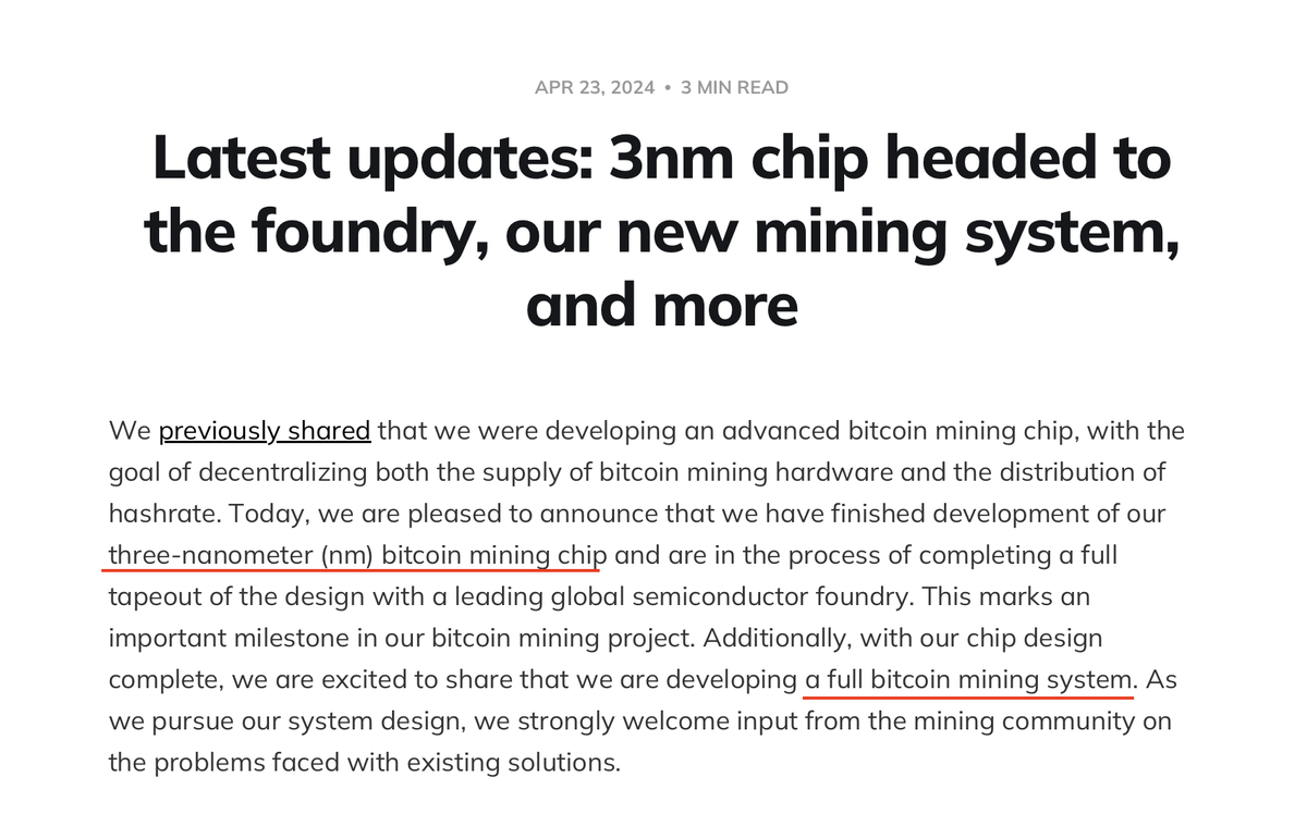 JUST IN: Jack Dorsey's Block announces they have finished development on their 3-nanometer #Bitcoin mining chip and are in the process of developing a 'full bitcoin mining system' 👀