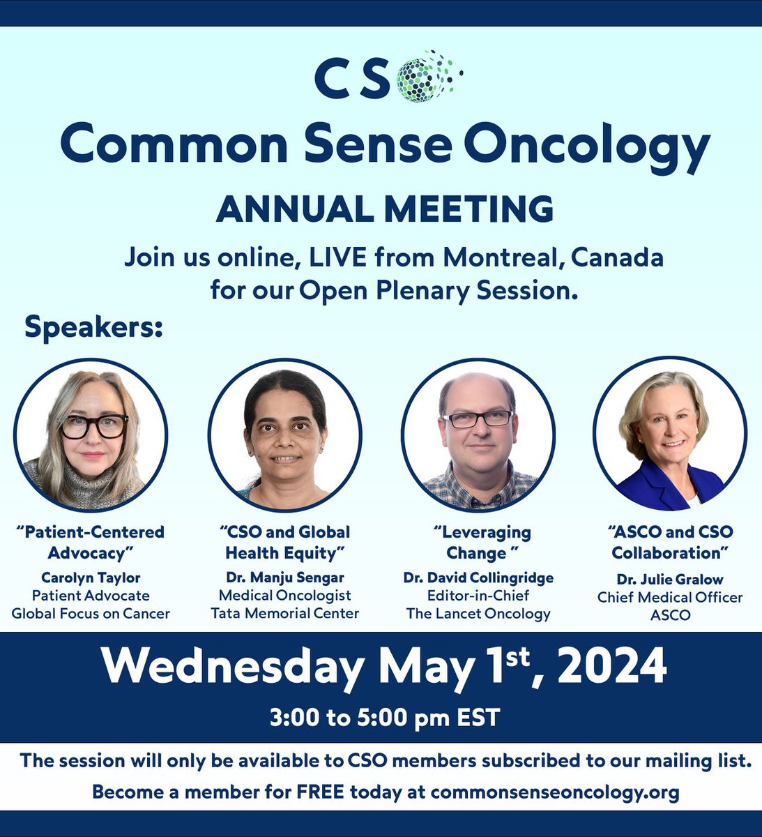 Common Sense Oncology leadership team is having its first annual meeting next week in Montreal. Our opening plenary session will be open to all CSO members. Join us by zoom for the LIVE plenary session with these leaders in our field. 
Register for zoom link here-…