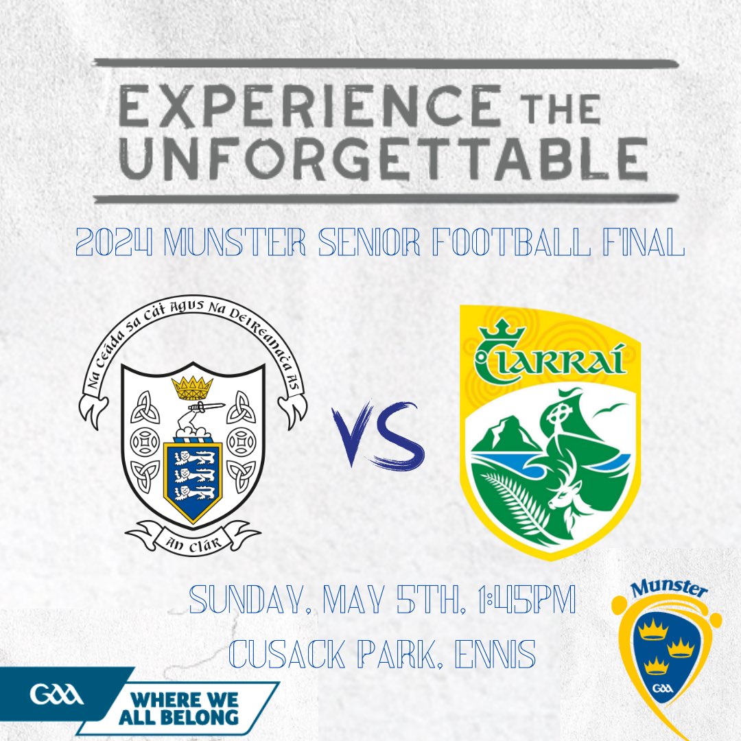 Following a toss for venue this evening, the Munster Senior Football Championship Final between Clare & Kerry will take place in Cusack Park Ennis on Sunday May 5th at 1:45pm.