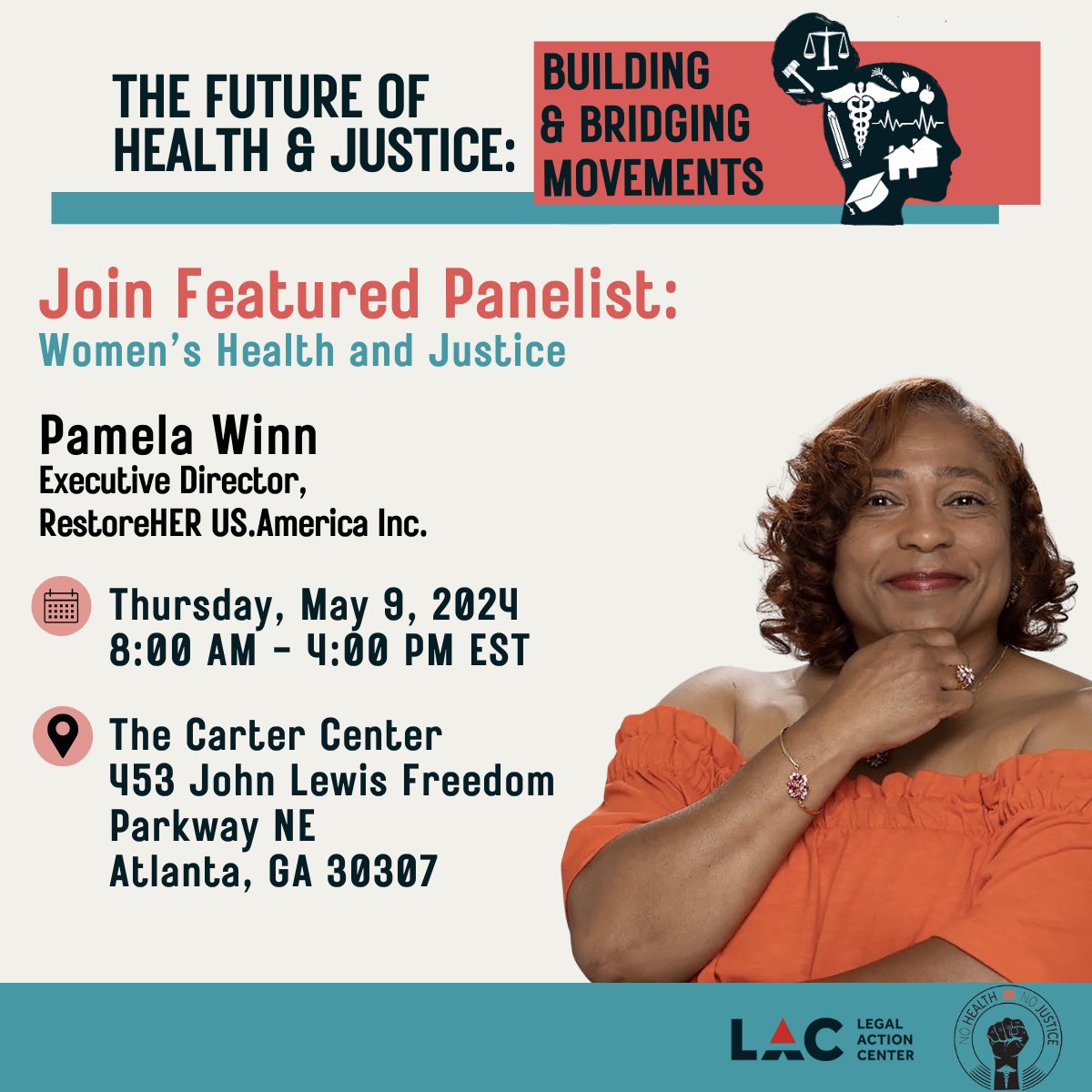 Have you RSVP’d for our 5/9 #NoHealthNoJustice convening “The Future of Health & Justice: Bridging & Building Movements”? You won’t want to miss Women’s Health & Justice panel ft @RestoreHER_USA’s founder & ED Pamela Winn! See the full agenda & get tix: bit.ly/HealthJustice2…