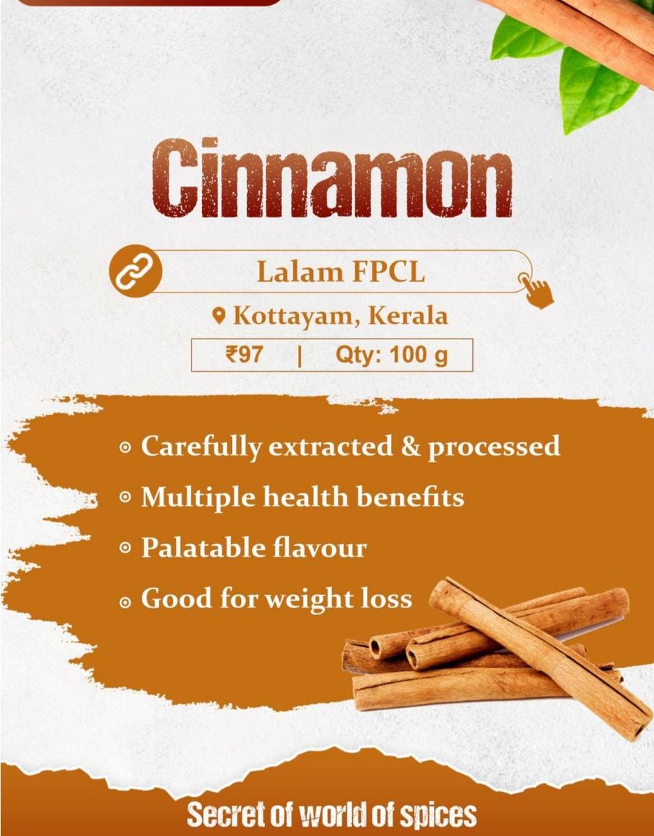 Spicy time!

It's a popular flavoring agent. This high-quality cinnamon also aids weight loss & digestive health.

Buy from FPO farmers at👇

mystore.in/en/product/c4c…

Pure & natural
@AgriGoI @ONDC_Official @PIB_India @mygovindia #VocalForLocal #VocalforLocal #HealthyFood #healthy