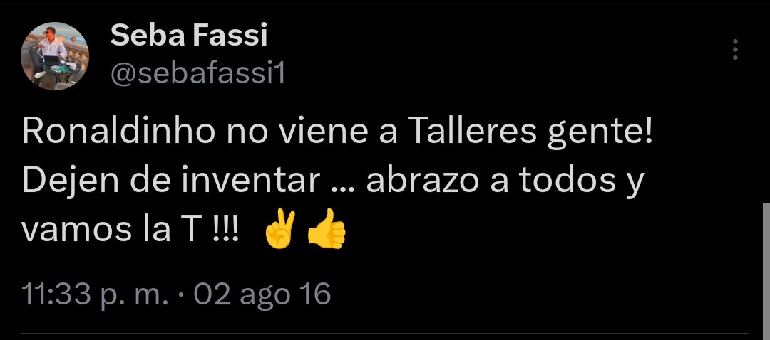 [NEGOCIACIONES CAIDAS]

Se cayeron las negociaciones por Ronaldinho, el Sebastián Fassi, que es el hijo de Andrés Fassi confirmo que Ronaldinho no llegara a nuestra institución. Fue puro humo la data que me llegó y la que los medios nos comentaron. 👎