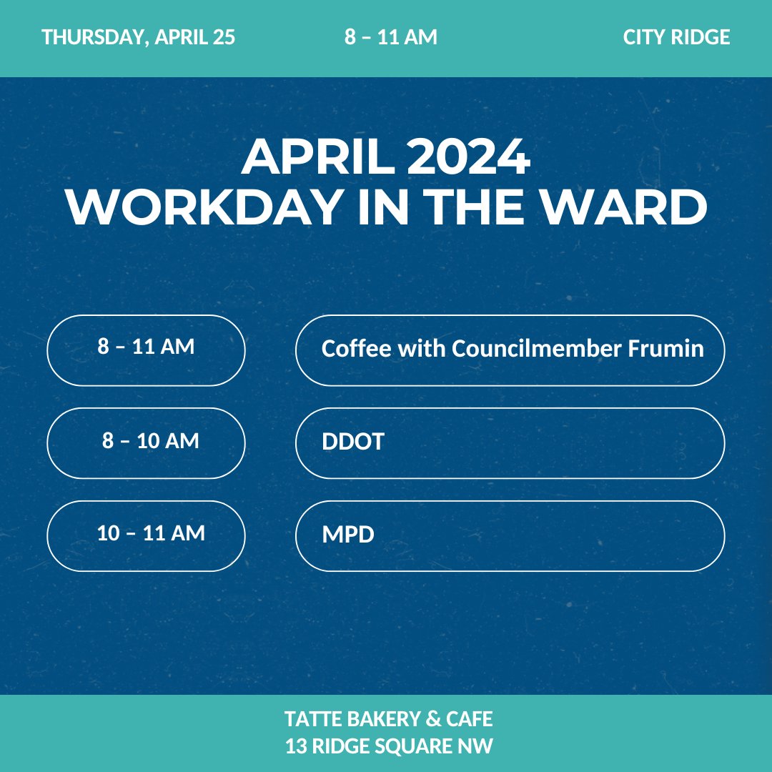 CMFrumin's tweet photo. My team and I are taking the office to #Ward3 this week! I hope to see you Thursday morning at Tatte, 13 Ridge Square NW, at City Ridge, where I'll be joined by @DDOTDC and @DCPoliceDept. https://t.co/qteQFWDn1H