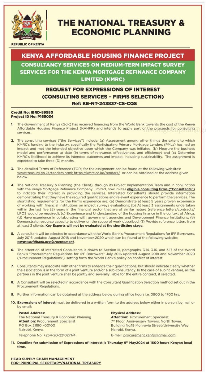 MwangoCapital's tweet photo. National Treasury is looking for consulting firms to conduct a 3-month assessment of the impact of the Kenya Mortgage Refinance Company (@kmrc_co) on the Kenyan housing market. T

This is under the Kenya Affordable Housing Finance Project and is financed by the World Bank. https://t.co/ui0TQ5BIRN