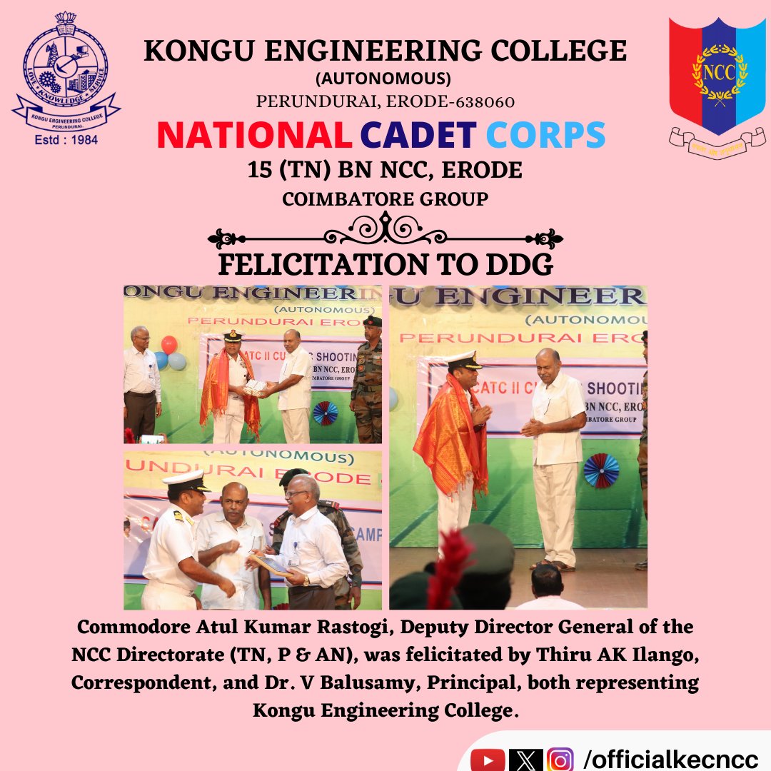 KecNcc's tweet photo. Commodore Atul Kumar Rastogi, DDG, TN,P&amp;AN Directorate, visited KEC for CATC II CUM IGC Sports Shooting Camp by 15 (TN) BN NCC. Inaugurated renovated firing range &amp; presented memento to KEC NCC Army Wing. Felicitated by Thiru AK Ilango, Correspondent &amp; Dr. V Balusamy, Principal. https://t.co/DZ97pVDxIQ