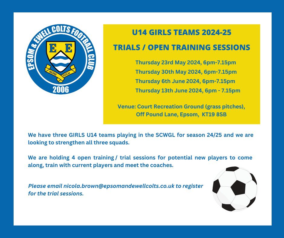 We are looking to add to our Epsom and Ewell Girls U14 squads for 24-25. Open training / trials coming up! @EpsomColtsGirls @SCWGL @surreyfa @SurreySchoolsfa