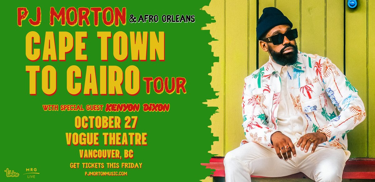 Renowned for masterfully blending soul, R&B, and gospel genres in his music, Grammy award winning artist PJ Morton is bringing the Cape Town to Cairo Tour to Vancouver this fall! Presale | 4/25 at 10AM PST, use code: PJ2024 On Sale | 4/26 at 10AM PST 🎟️: bit.ly/3QdXC8R