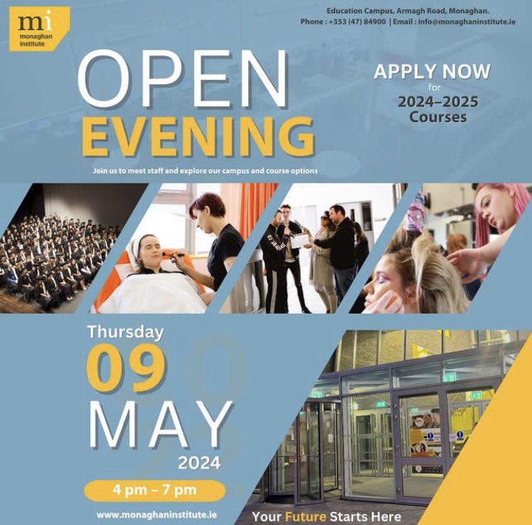 Here’s another date for the diaries! Don’t miss out on meeting the dedicated team in Monaghan Institute on May 8th from 4-7pm who will happily show you around the campus and answer any questions you may have regarding your upcoming course! #furthereducationrocks