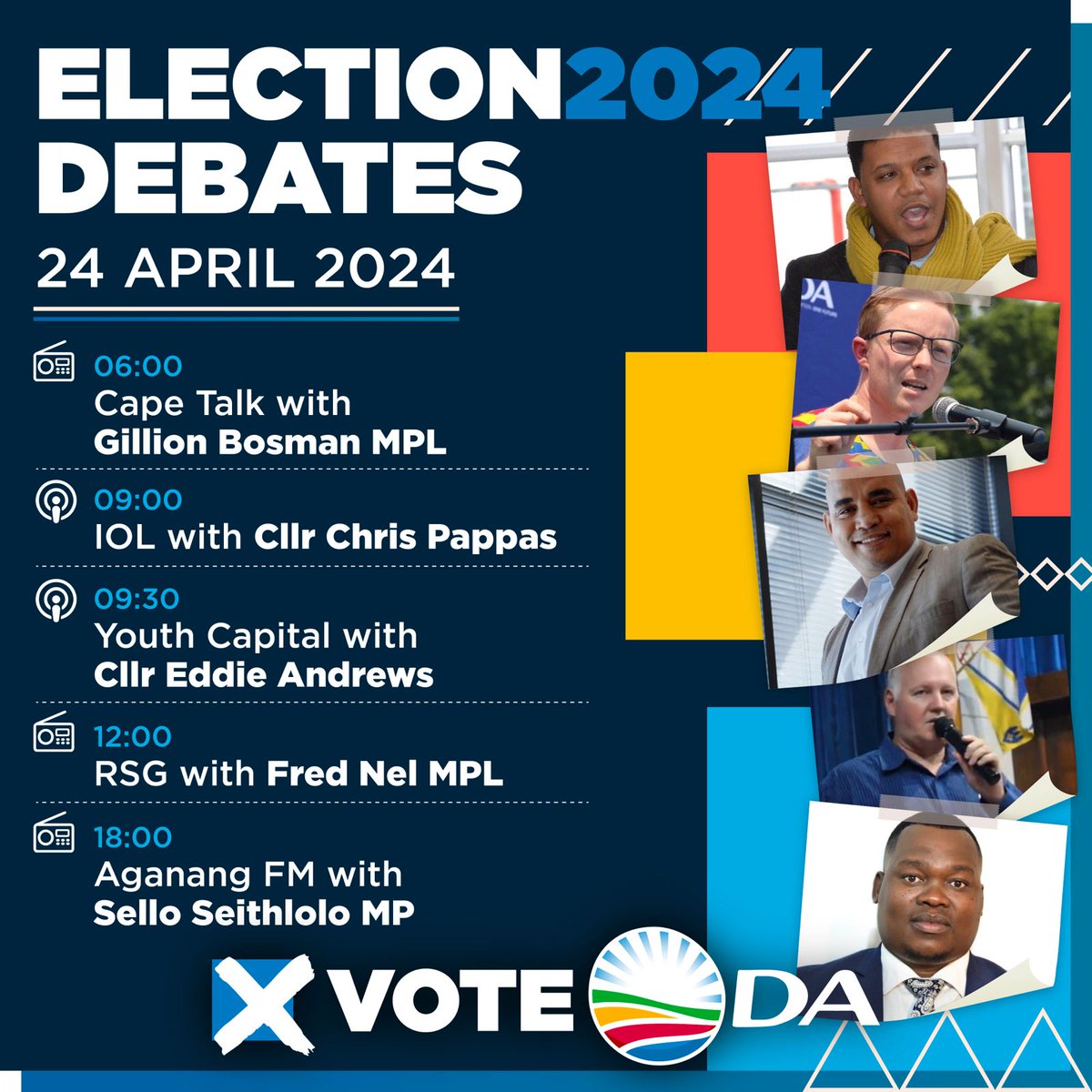 📻 Don't miss out tomorrow from 06h00am as our leadership takes the stage on these platforms for the Election 2024 Debates! Catch them live to hear about the #DAdifference and why a vote for the DA can usher in a new era of democracy, fostering prosperity for all. #RescueSA