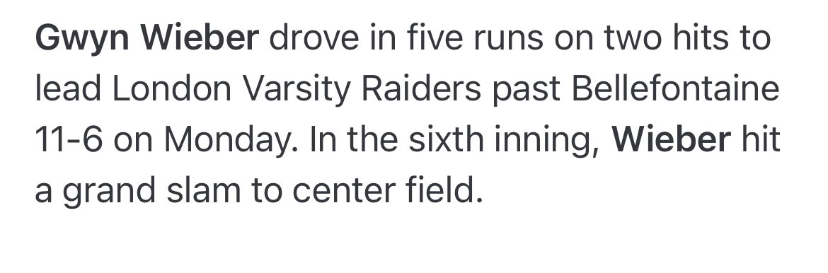 Grand Slam over centerfield fence!!! Way to go <a href="/GwynWieber/">Gwyn Wieber</a>