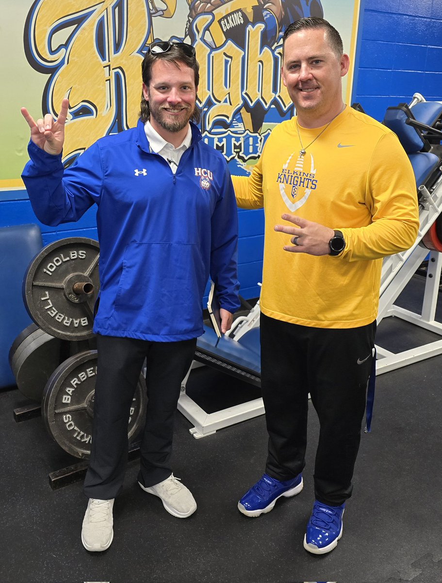 Thank you Coach Stoney Patton (@coach_patton27) of @HCUFootball) for stopping by 'The Castle' and taking a recruiting look at our current and future Knights. We look forward to our developing relationship. @ElkinsFootball @CoachTGr @coach_dever