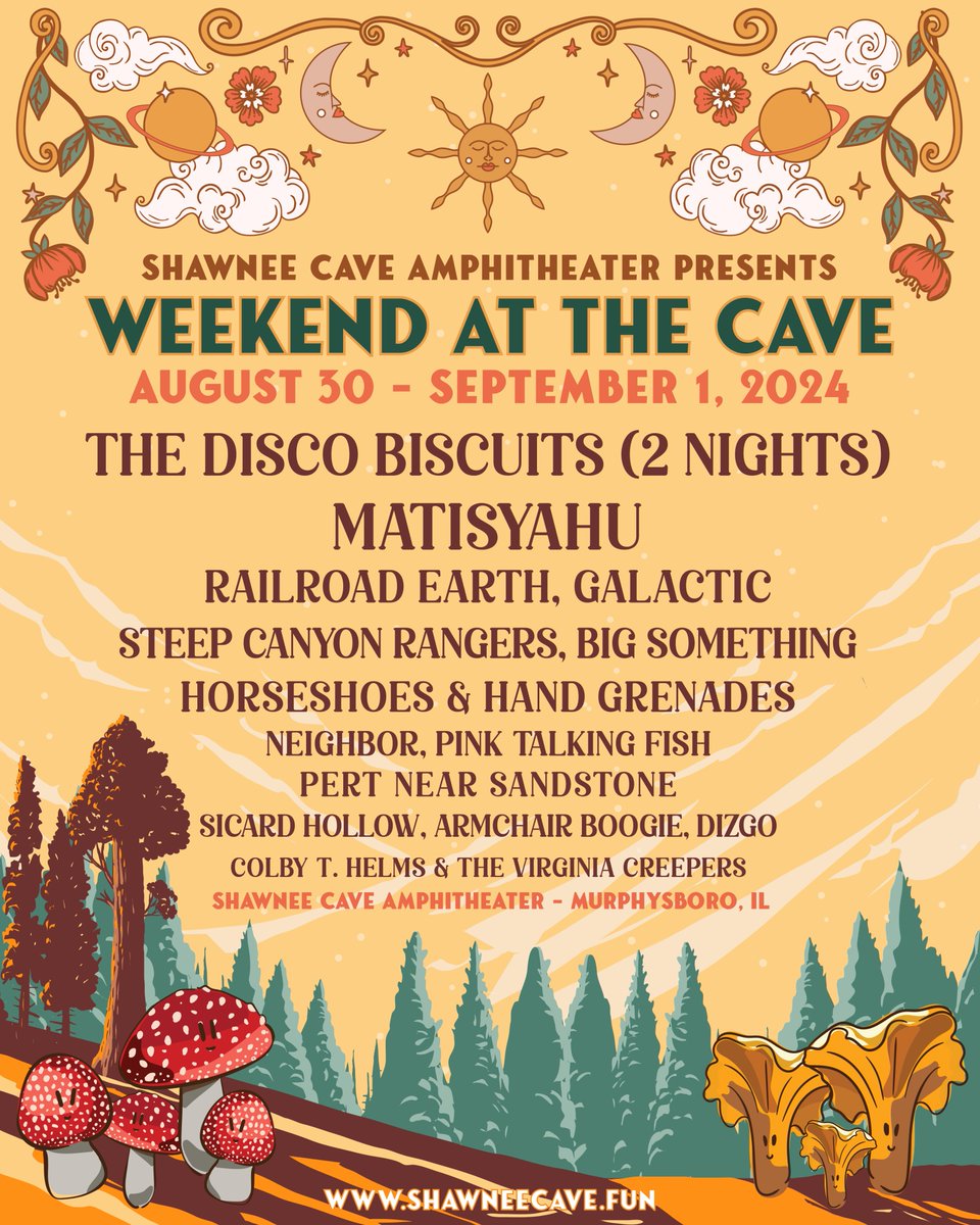 We're keeping the show announcements coming with 2 nights at the Shawnee Cave Amphitheater on Labor Day Weekend! Tickets on sale Friday at 11am ET 🙌 🎟️ 👉 shawneecave.fun/weekend-at-the…