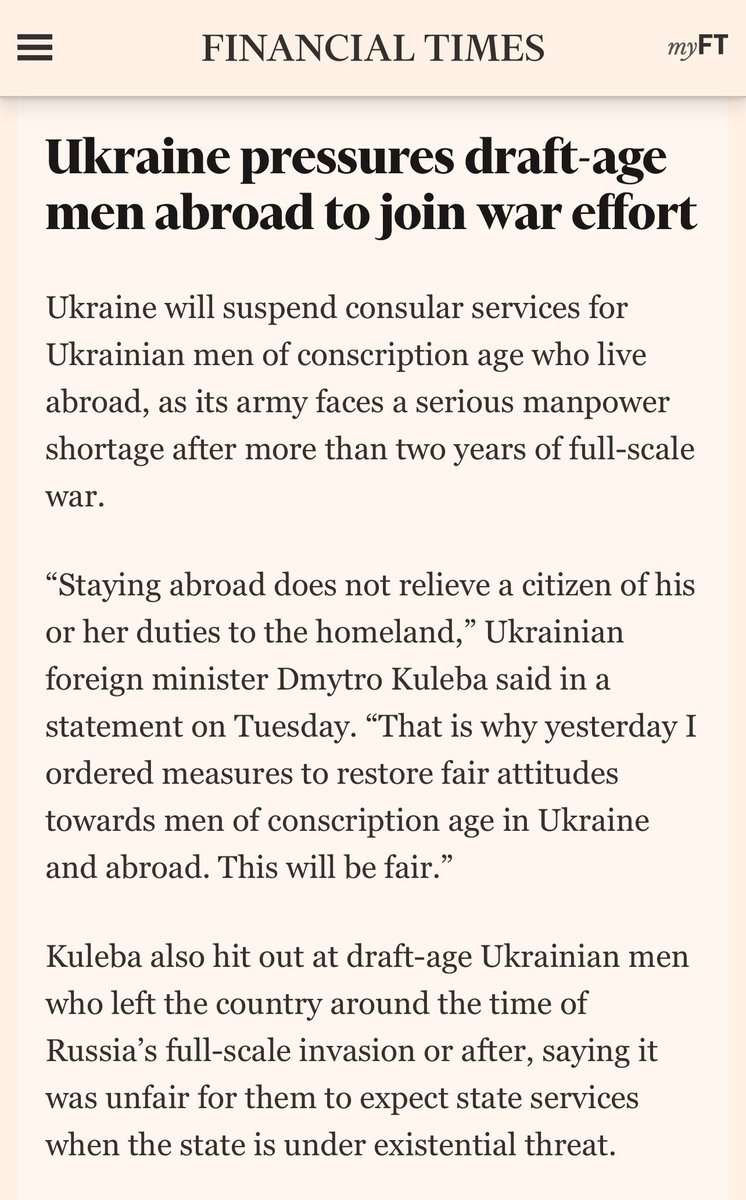 <<Ukraine pressures draft-age men abroad to join war effort.>> Perhaps the armchair Generals applauding from the sidelines would care to join them? ft.com/content/068301…