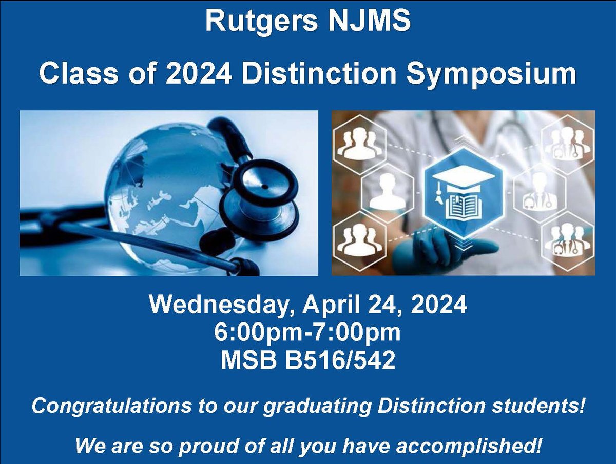 Congratulations to all of the @Rutgers_NJMS graduating Distinction students! Among them are Neel Gadhoke, Matthew Linz, Mahinaz Mohsen, and Priyanka Singh, who will be showcasing their projects as part of the Distinction Program in Global Health!