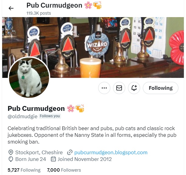 Well, I've now exceeded 7,000 followers, so thank you everyone who's shown an interest in this mixture of Draught Bass, cosy snugs, Jethro Tull and pub cats 😊 I started the account in November 2012 and passed 3,500 followers in May 2017.