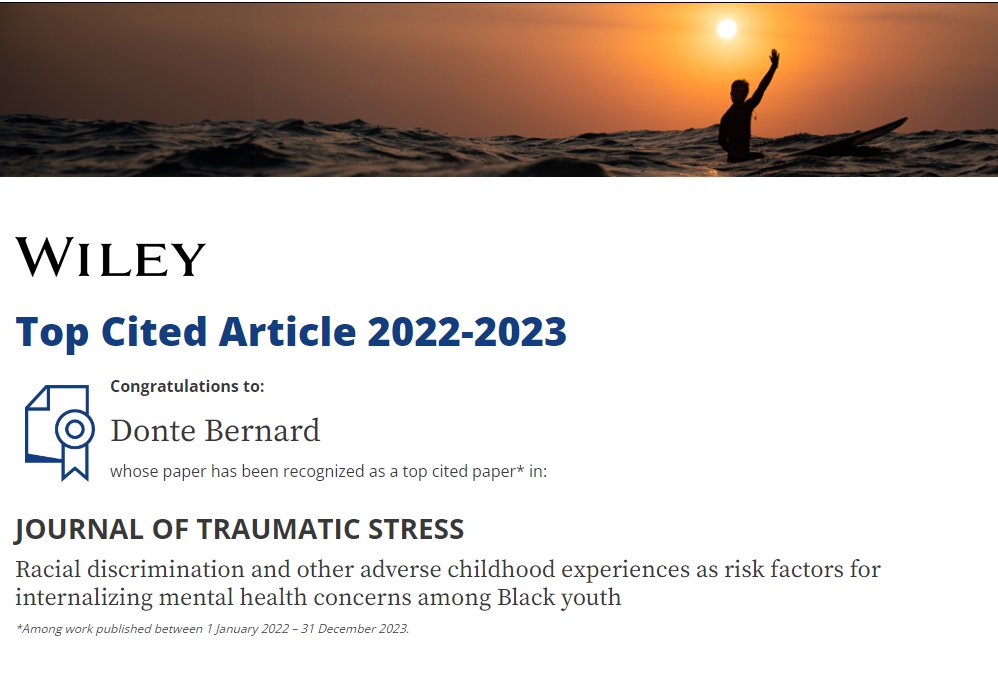 Check it out! Our paper on the mental health effects of racial discrimination relative to other ACEs was one of the top 10 most-cited papers published in Journal of Traumatic Stress (<a href="/ISTSSnews/">ISTSS</a>)! #topcitedarticle 

Read it here: onlinelibrary.wiley.com/share/WIBMJNP4…