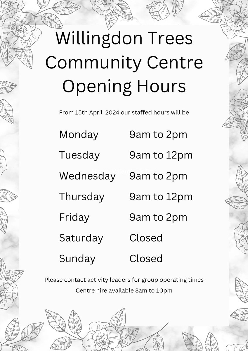 Willingdon_Tree's tweet photo. Here are our current opening times from 15th April 2024. Please contact activity leaders for group operating times. Centre hire avaliable from 8am to 10pm https://t.co/xKVIG7MYpP