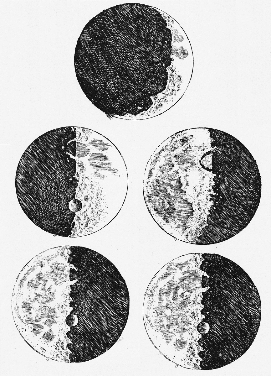 Galileo's sketches of the moon, after observing it through his telescope back in 1610. Amazingly, (basing his estimate on the distance of sunlit mountaintops from the terminator) he judged - quite accurately - that the lunar mountains were at least four miles high!