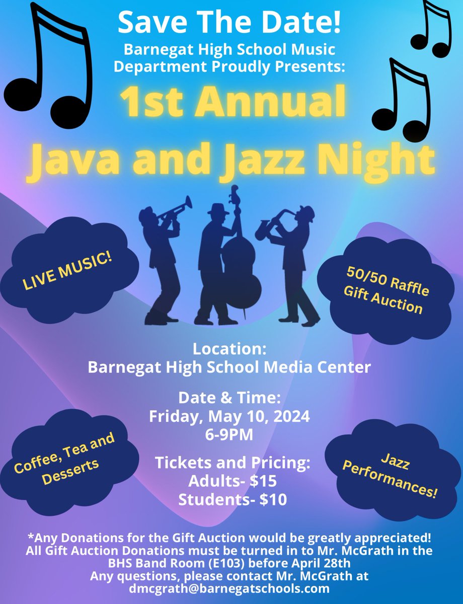 Come out and join the BHS Music Department as they host the 1st Annual Java and Jazz Night on May 10th at 6:00 PM 🎷🎶  #barnegatinspires