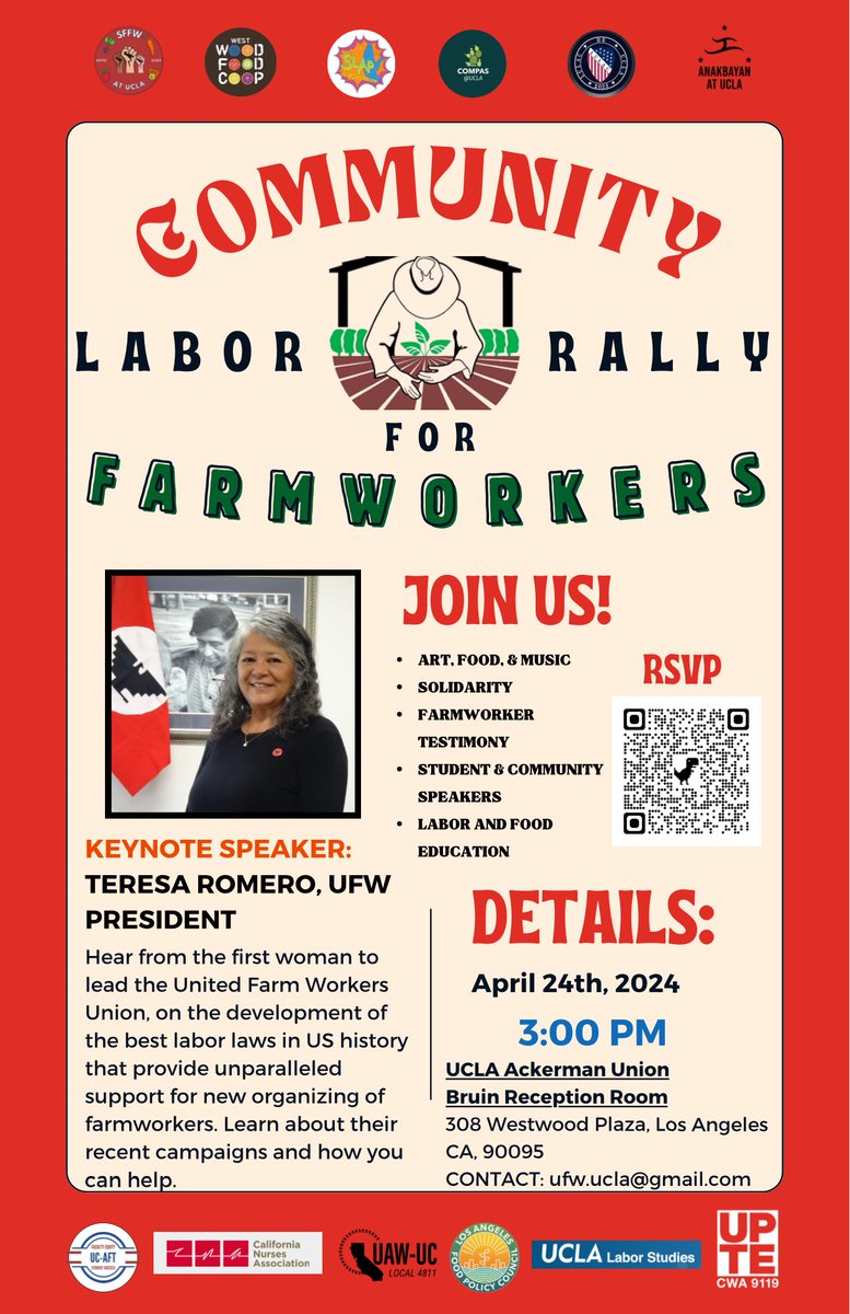 The UFW Community Labor Rally is TOMORROW at 3pm! RSVP using the QR code. Join for art, food, and music, as well as testimonies from farmworkers and community leaders. 🥕🎤
