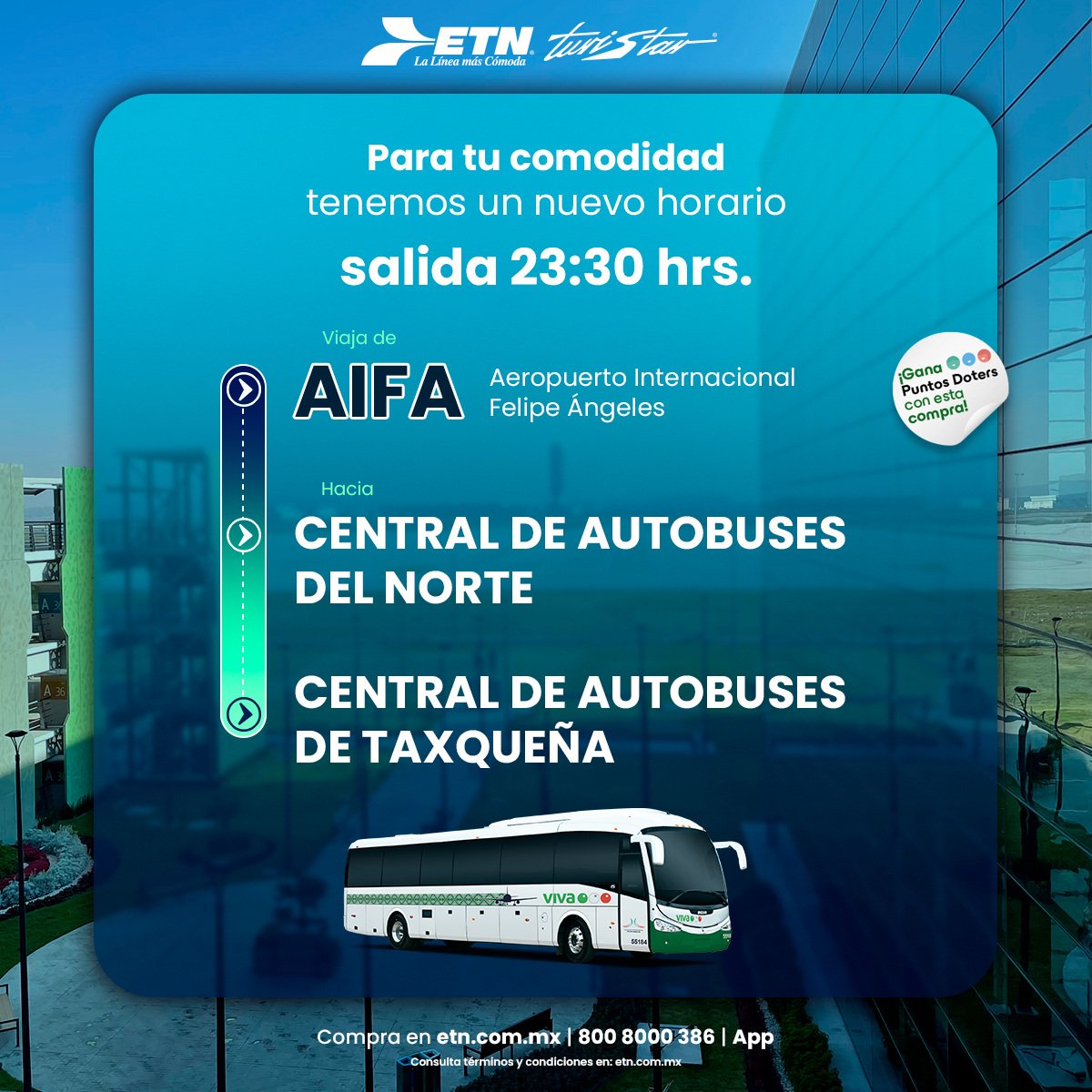 ETNTURISTAR's tweet photo. #ETN #Turistar te transporta para tu comodidad desde el Aeropuerto Internacional Felipe Ángeles #AIFA hacia la Central de Autobuses del Norte y Taxqueña. 🚍✨
Compra tus boletos en https://t.co/UeQ0pz3UL2 o en tu app ETN. 📲 https://t.co/QXx92BqAgE