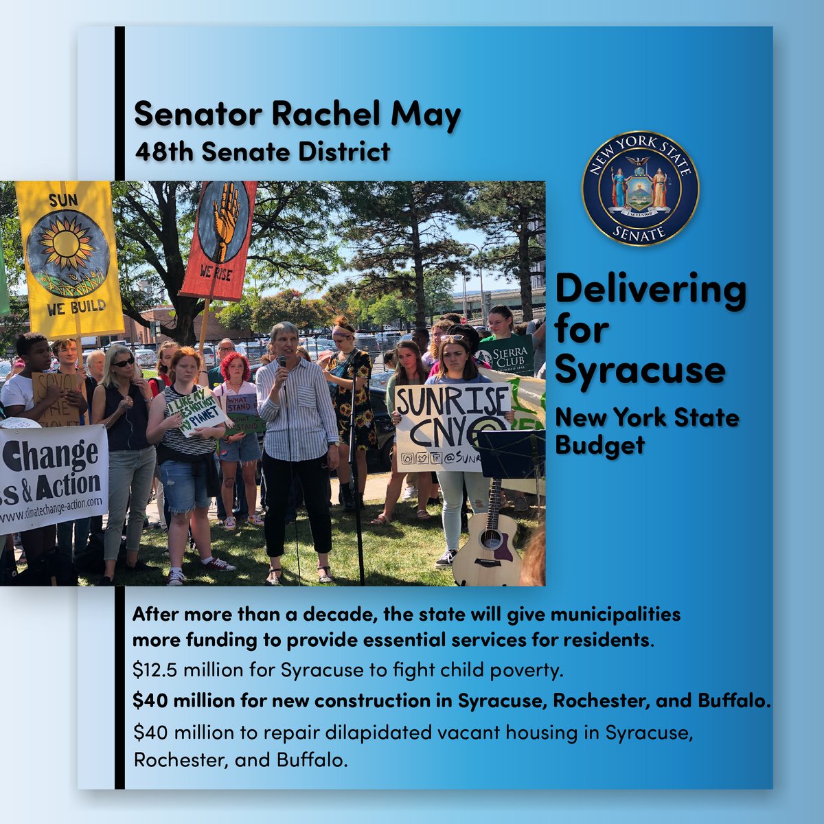 This New York State budget is a win for Syracuse. For the first time since 2009, we secured more funding for essential city services, millions to help children in poverty, and millions more for housing construction and repairs to tackle our housing crisis.