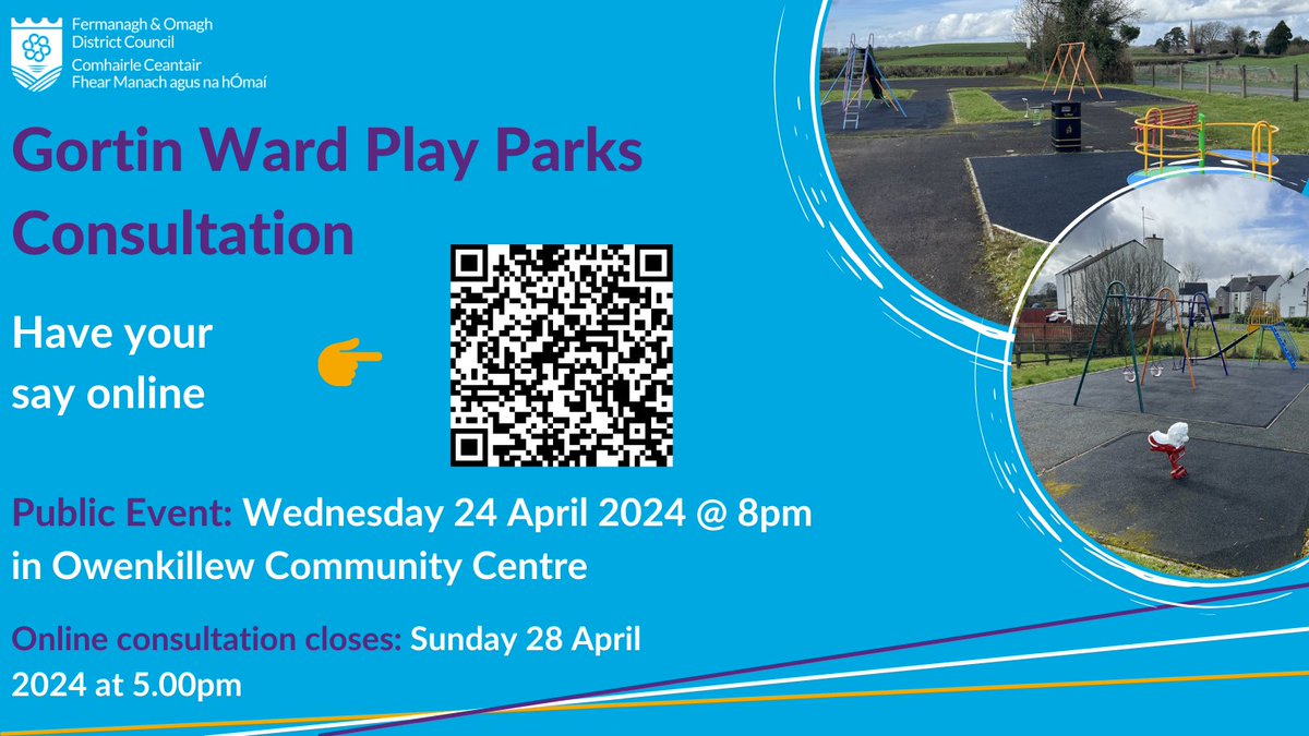 💭Reminder, public meeting on play park provision in the #Gortin Ward area of the District is tomorrow night, Wednesday 24 April 2024 at 8pm in Owenkillew Community Centre.

💻To complete the online👉tinyurl.com/3695y2tx 
Or scan the QR code.

#FODC #FOPlayParks #FOCommunity