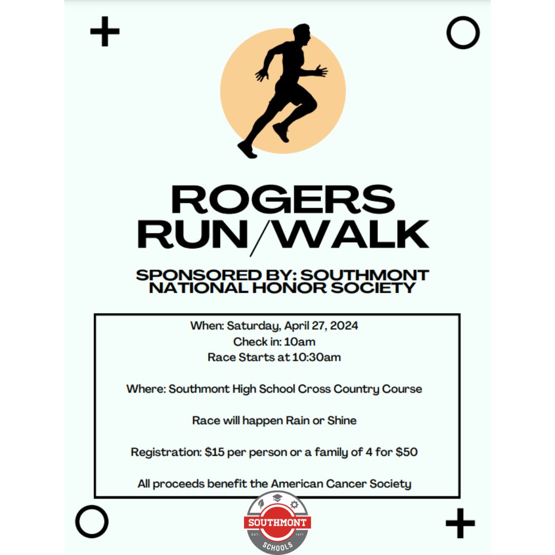 The annual Rogers Run/Walk is happening this Saturday, April 27, 2024! Check-in starts at 10am and the race will begin at 10:30am at the Southmont Sr. High School Cross Country Course rain or shine! This is a for a great cause! Come join us this weekend!