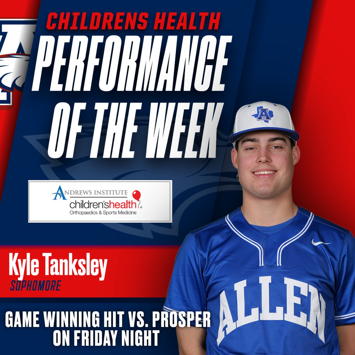 Our Children’s Health Performer of the Week for last week was sophomore Kyle Tanksley! He came up with a clutch hit for @allen_baseball to drive in the winning run to defeat the 1st place team in district!! @childrens @Allen_ISD