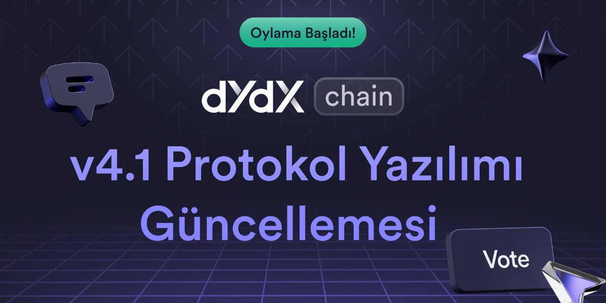 Zincir Üstü Oylama Başlatıldı! ⛓️ dYdX Topluluğu, dYdX Zinciri Protokol Yazılımını v4.1.0 sürümüne yükseltmeli mi? 🗳️ mintscan.io/dydx/proposals… Oylama, 26 Nisan 2024, 22:14'te sona eriyor.