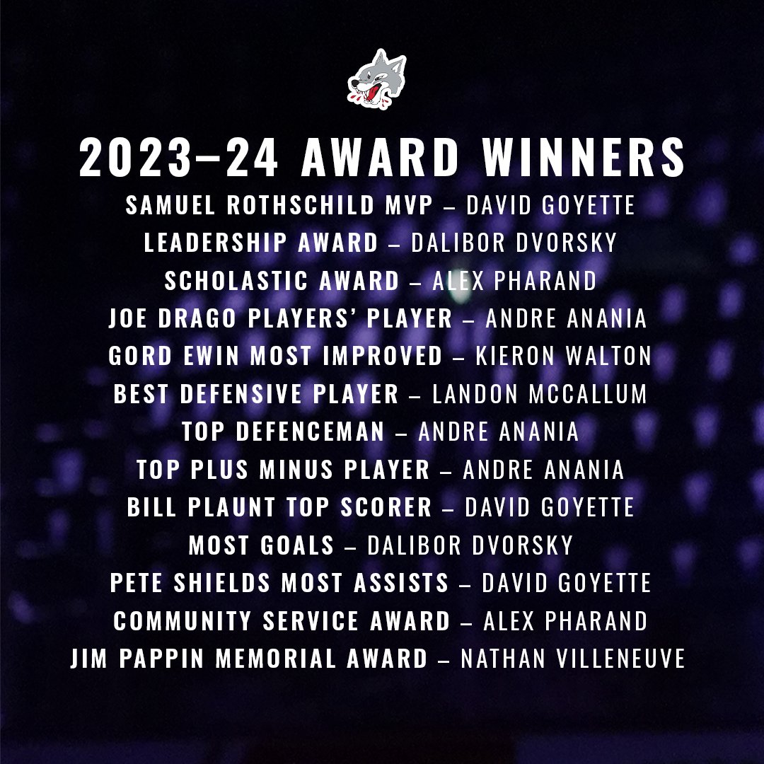 With the conclusion of the 2023-24 season, the Sudbury Wolves announce the player year-end awards. 🐺 📰: chl.ca/ohl-wolves/art… #WeAreWolves