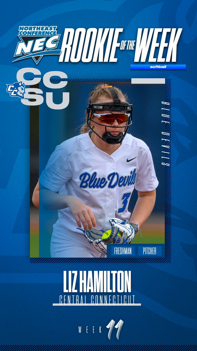necsoftball's tweet photo. 🏅 Official #NECsoftball Rookie of the Week

👉 Liz Hamilton, @CCSUBlueDevils

📓 Hamilton went 2-0 &amp; posted a 0.64 ERA after allowing one earned run on 6 hits in 11.0 innings of work. Tossing a 5-inning shutout vs Merrimack, the Buckeye State native fanned 11 batters last week. https://t.co/EQEH0SqAZ1