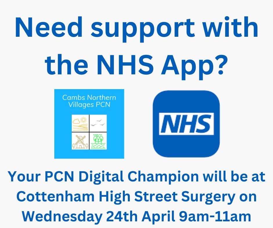 Great news for tomorrow on the support available for the NHS App ⬇️

📍 Date: Wednesday, 24th April, 2024
🗺️ Location: Cottenham High Street Surgery, Lewis House 188 High Street, Cambridge CB24 8SE

#NHSApp #DigitalSupport #Cottenham #Cambridge