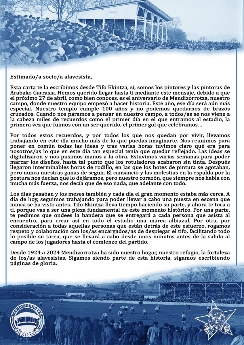 Inork galdu nahi ez duen momentu historikoa, ez dago gehiago esateko. Gertu izan, larunbat honetan denok gara TIFO EKINTZA! 🔵⚪DENON HARROTASUNA ⚪🔵 Un momento histórico que nadie quiere perderse, nada más que decir. Preparate, este sábado todxs somos TIFO EKINTZA!