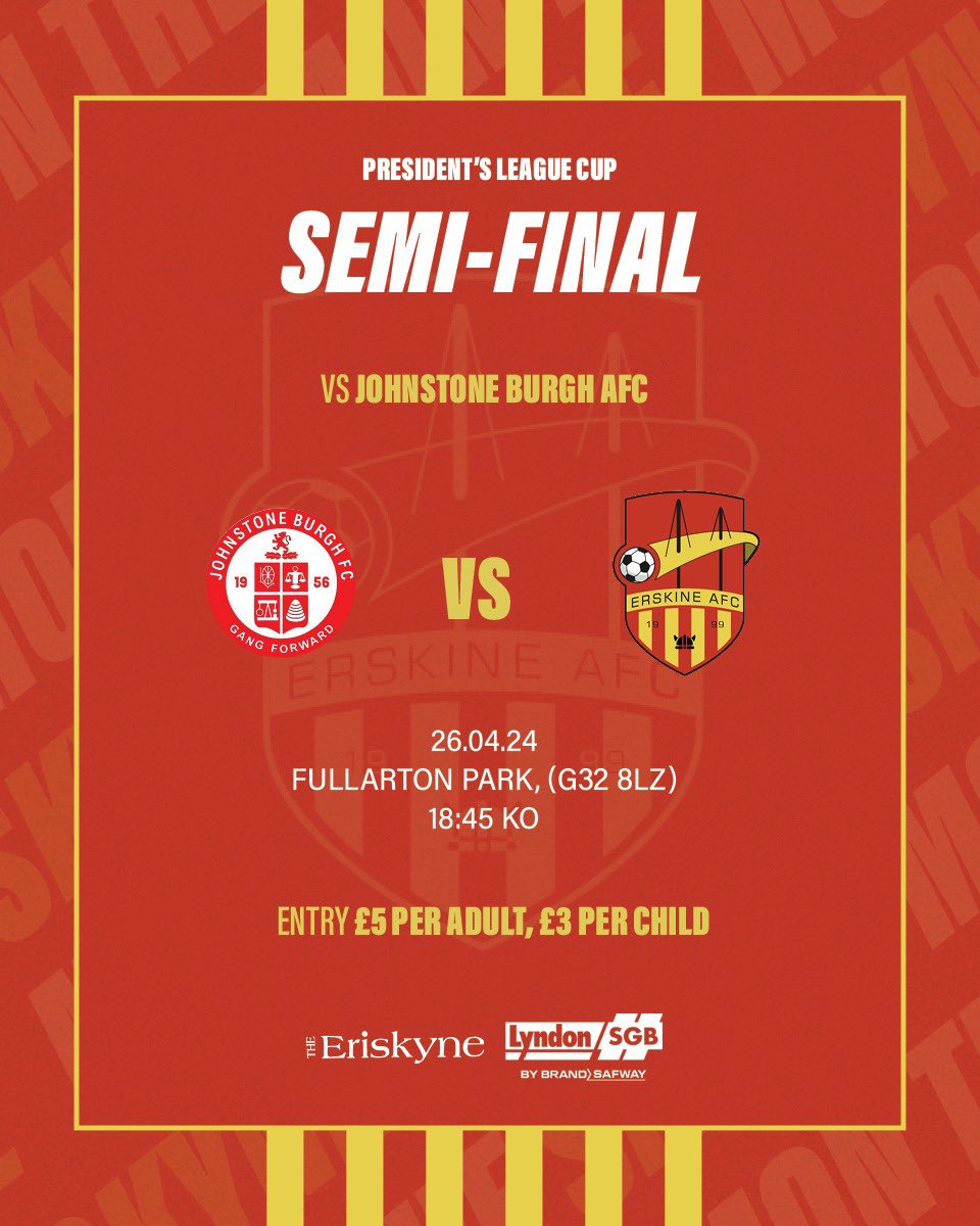 ErskineAFC (@erskineafc) on Twitter photo ๐ Friday 26th April
๐ 18:45 KO
๐ Fullarton Park
๐ <a href="/JBurghAFC/">Johnstone Burgh AFC</a>
๐ GGPAFL League Cup Semi Final
<a href="/theeriskyne/">The Eriskyne</a> @Lyndon_SGB ๐ Friday 26th April
๐ 18:45 KO
๐ Fullarton Park
๐ <a href="/JBurghAFC/">Johnstone Burgh AFC</a>
๐ GGPAFL League Cup Semi Final
<a href="/theeriskyne/">The Eriskyne</a> @Lyndon_SGB