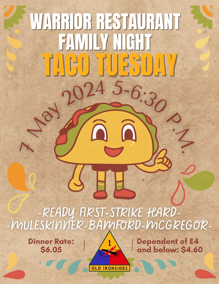 Taco Tuesday: The Best Day of the Week! 🌮 Join us in two weeks on Tuesday, May 7 for our Family Dinner Night at any of the Warrior Restaurants. Dinner is open from 5 P.M. to 6:30 P.M. 🕰️ It is a fiesta for the whole family! 🎊 #ItsBetterAtBliss