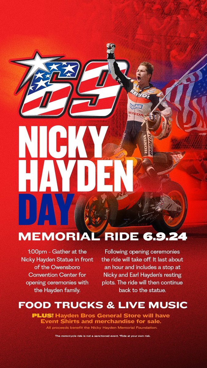 🚨ALL the details for the Nicky Hayden Memorial Ride! Gonna be a great day of celebrating Nicky with the RIDE, LIVE MUSIC and FOOD TRUCKS! Be sure to pass this to your buddies, if you don’t ride still come and have fun. Can’t wait to see everyone! #rideonkentuckykid #motogp #ride