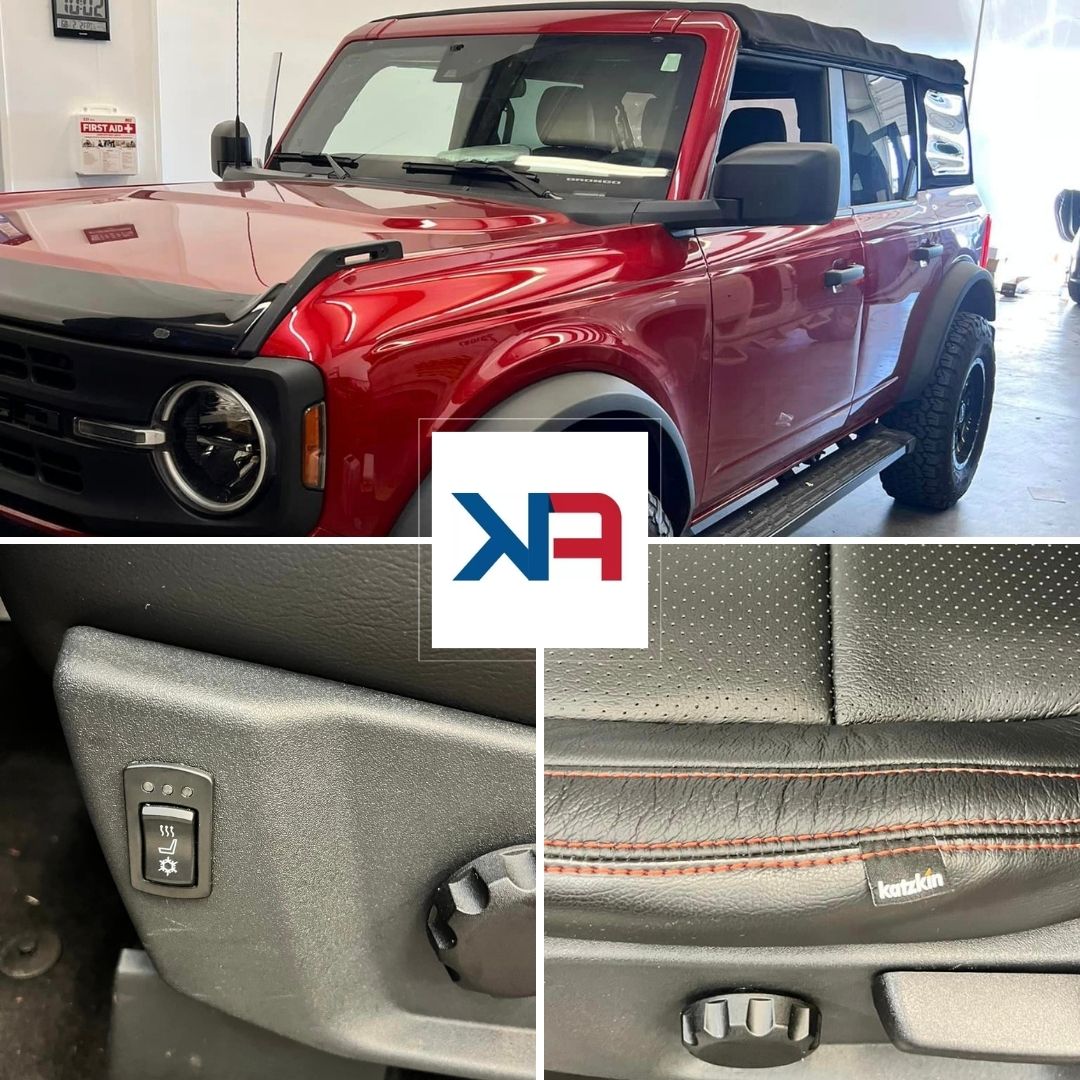 We love this enhanced Ford Bronco featuring Katzkin custom leather with salsa red stitching, heated and cooled seats, and remote start via the factory key fob.

#autoaccessories #collisionrepair #customleather #leatherseats #aftermarket #carupgrade #carinterior #customcarinterior