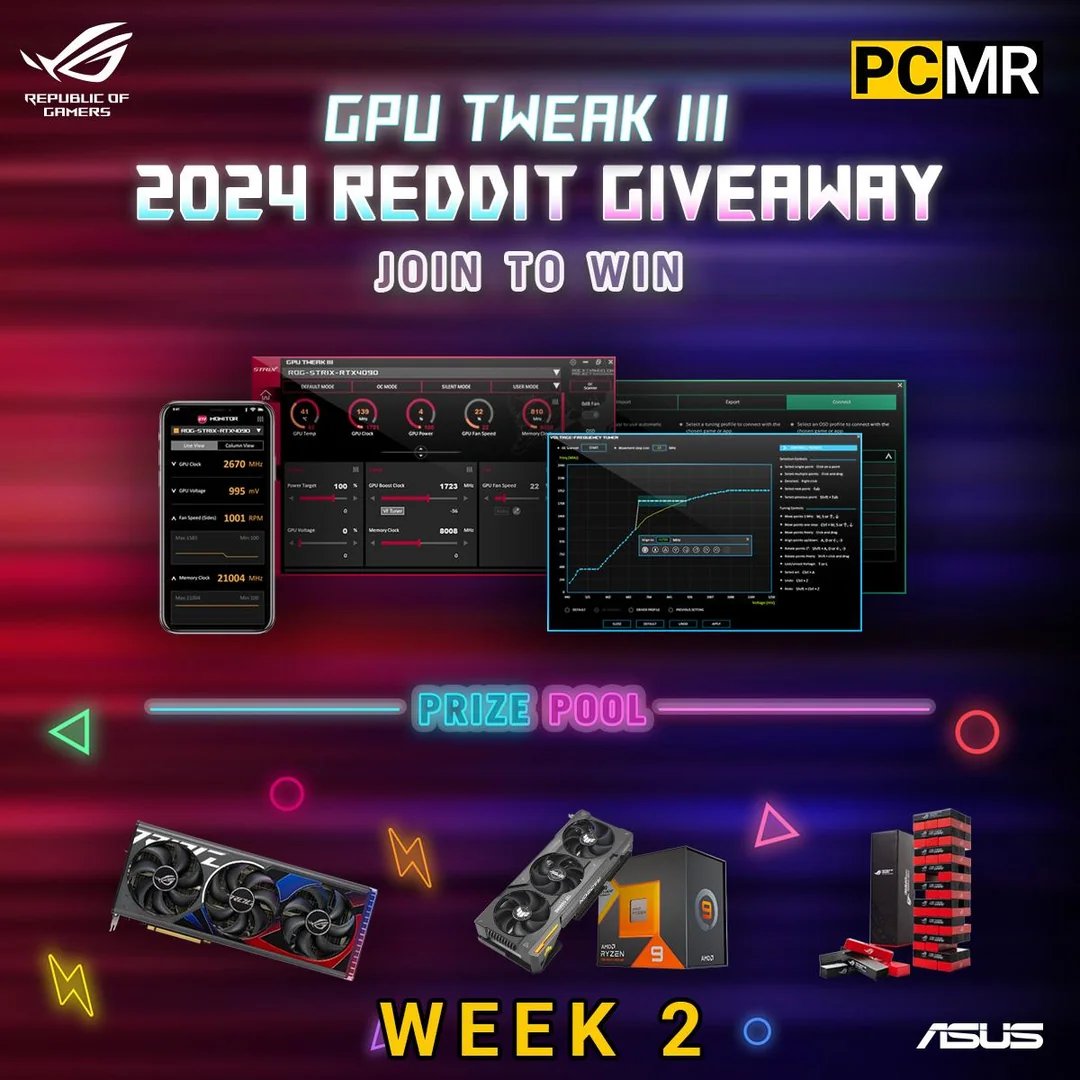 Week 2 of the WORLDWIDE ASUS ROG x PCMR giveaway event! 👉reddit.com/r/pcmasterrace… This time we're focusing on creating a custom fan curve in GPU Tweak III ! Enter to win an ROG STRIX RTX 4080 SUPER, a TUF Gaming RX 7900 XT, a Ryzen 9 7950X3D, and many ASUS ROG Goodies!