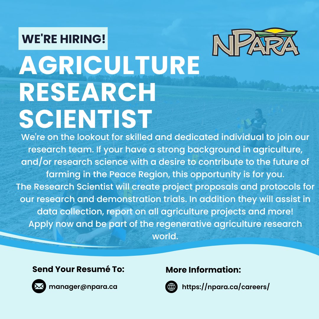 NPARA is #hiring for two full-time permanent positions.

We are looking for...

- Research Coordinator
- Research Scientist

Application acceptance may close on April 29th so apply now!
npara.ca/careers/
#agcareers #albertaag #researchcareers