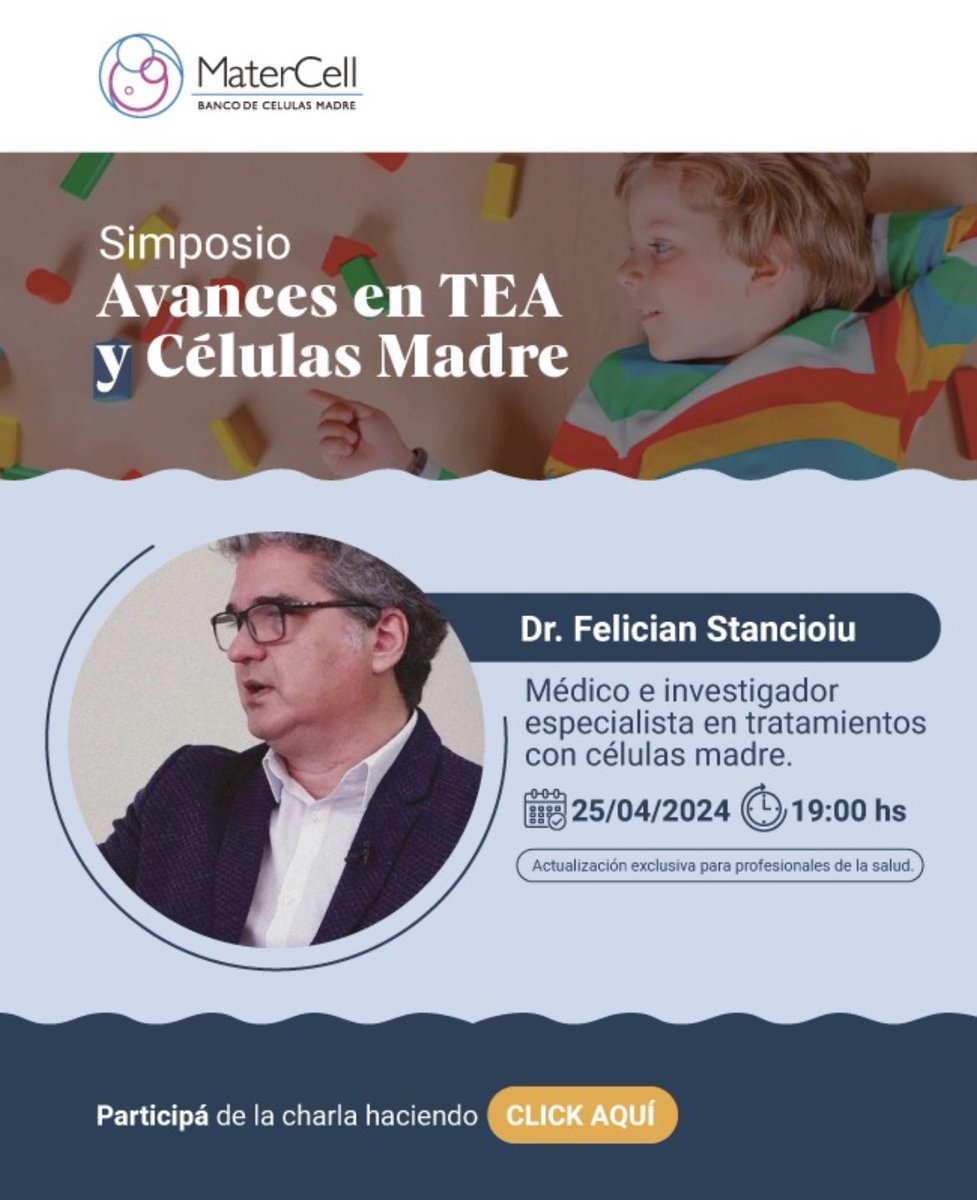 MatercellAR's tweet photo. Tenemos el agrada y el enorme honor de contar con el Dr. Felician Stancioiu para llevar a cabo el simposio acerca de avances en TEA y células madre.
Los invitamos a unirse este jueves 25/04 a las 19 hs en el siguiente link: https://t.co/ezQNnk0T0m https://t.co/Vn2DPFPBgP