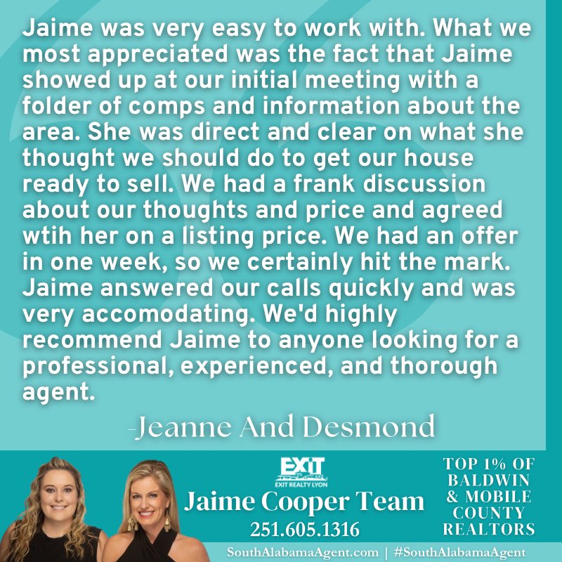 It’s Testimonial Tuesday!🏡

Need a Realtor? Give the Jaime Cooper Team a call!📲251.605.1316 #Realtor  #TopAgent #SouthAlabamaAgent #EasternShoreSpecialist #realestateagent #RealEstate #BaldwinCounty #BaldwinRealtor #Reviews #Testimonials #RealEstateSales #realestate