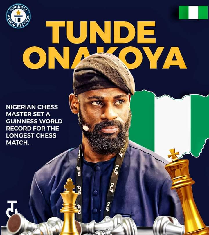 Let's celebrate TUNDE ONAKOYA..

NIGERIAN CHESS MASTER..He sets a new record for the longest chess match..
Congratulations Tunde Onokoya 👍🌟✨
#guinessworldrecord 
#Chessmaster
#TundeOnokoya
#NewNigeria 
#Childrenandfuture
#NigeriaNews