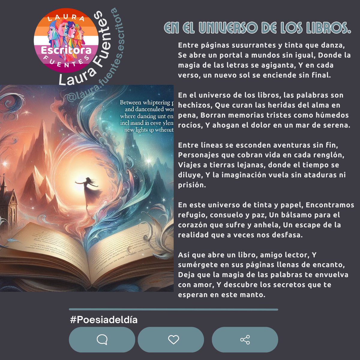 Laura Fuentes ©️
❤️🧡💛💚💙💜
linktr.ee/Laura.Fuentes.…

#LauraFuentesEscritora
#AutoraLGBTQ
#LiteraturaLGBTQ
#NovelaLGBTQ
#RomanceLGBTQ
#PoesíaLGBTQ
#FFRomance
#versolibre
#poema
#prosa
#microrrelato
#poemavisual
#poesíaexperimental