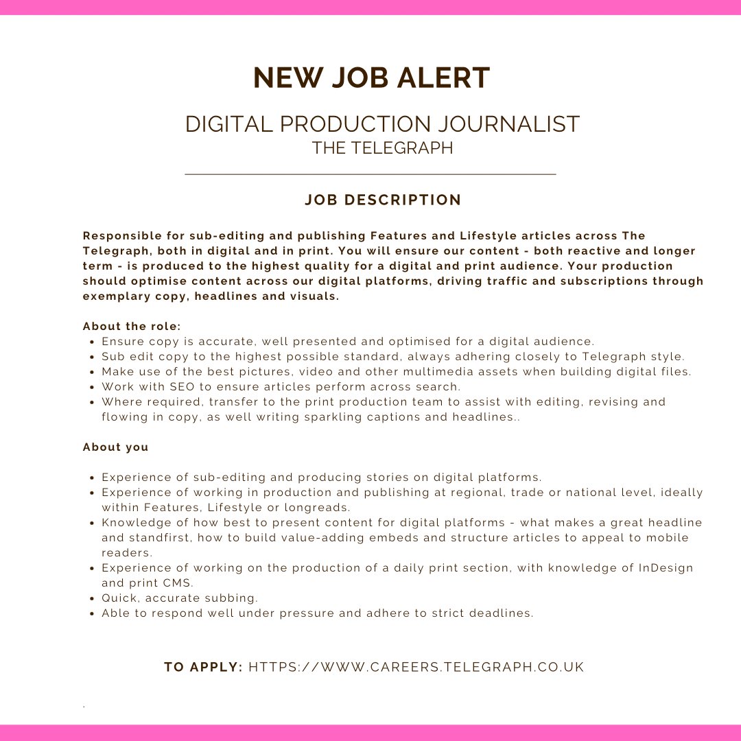 On the hunt for your next position? 

We’ve taken a look at some of the incredible job opportunities out there and rounded them up for our fellow journos and editors ✍️ 

Swipe to see positions over at @HearstUK @Telegraph and @bbceastenders ➡️

#jobopportunities #journalism