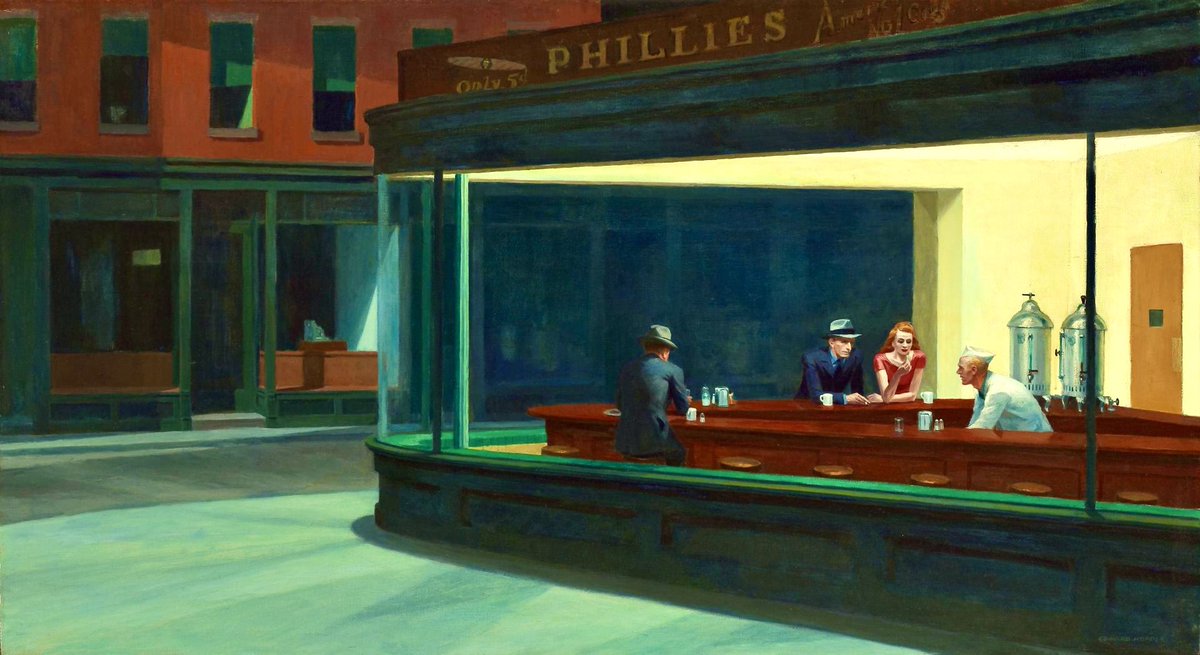 #arte The Nighthawks (1942) #EdwardHopper Questo è un dipinto molto orizzontale e molto scintillante. Vedendolo si ha l’impressione di essere di fronte ad una gran finestra illuminata nella quale sia stata stesa una vernice di plastica luminescente con molto giallo e verde. 💚