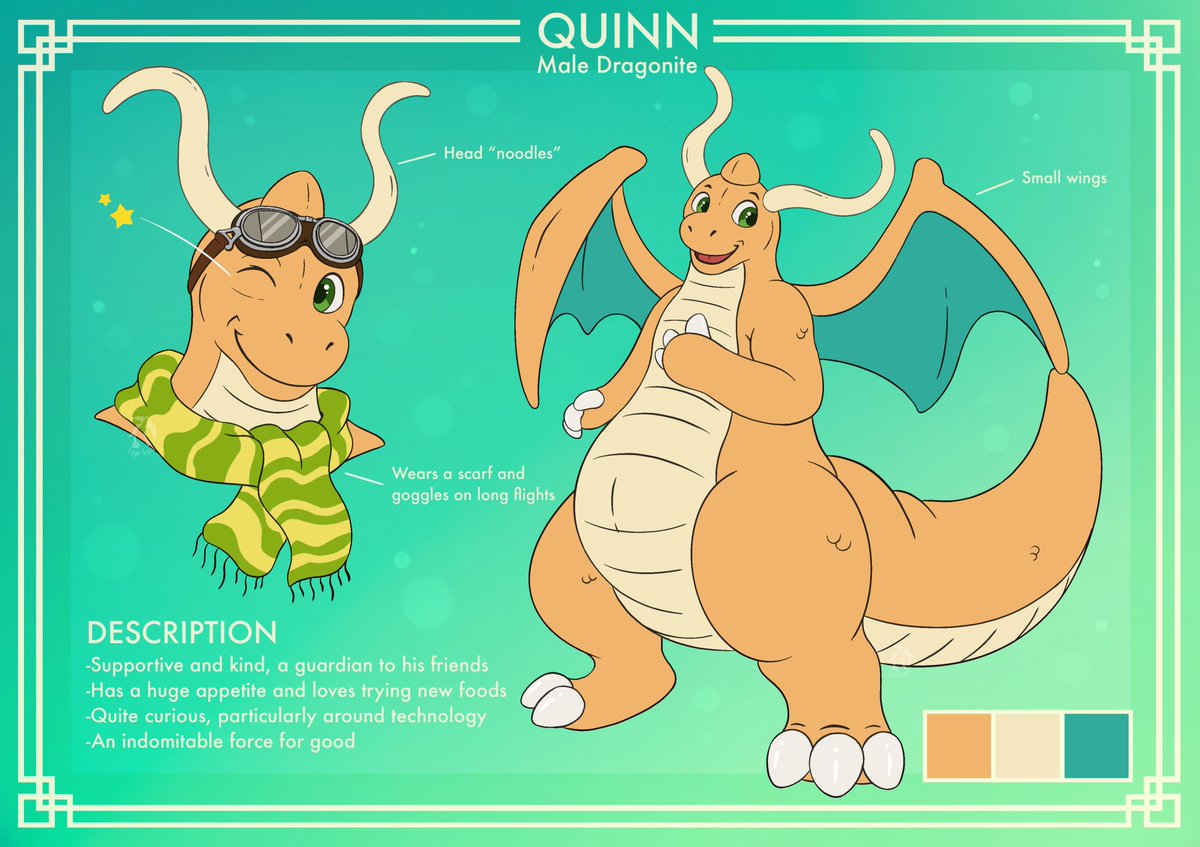 Put together a ref sheet for my Pokemon character, Quinn the Dragonite! Nothing makes him happier then having a friend in his arms and food in his belly #furryart #Pokemon