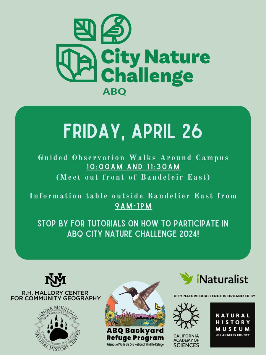 @nmcommunitygeog is hosting a tabling event today on the #UNM campus and guided walks at 10 and 11:30am. All are welcome to join!

#CityNatureChallengeABQ #CommunityScience #AlbuquerqueEvent #UNMEvent #CollegeEvent @UNM