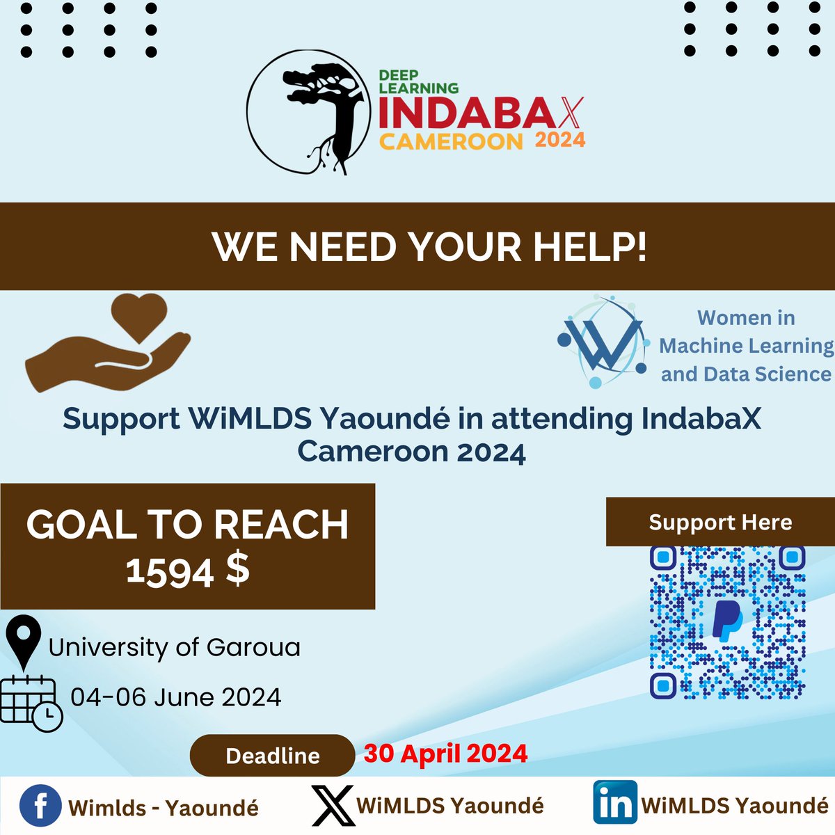 If you can, please support our campaign to send <a href="/WiMLDS_Yaounde/">WiMLDS Yaoundé</a> leaders to #IndabaX 2024 in Cameroon 🇨🇲 for a panel discussion &amp; #wimlds booth.

We're trying to raise $1600 USD.  As a 501c3 US non-profit, donations are tax deductible. Link below. 🙏

👉paypal.com/donate?hosted_…