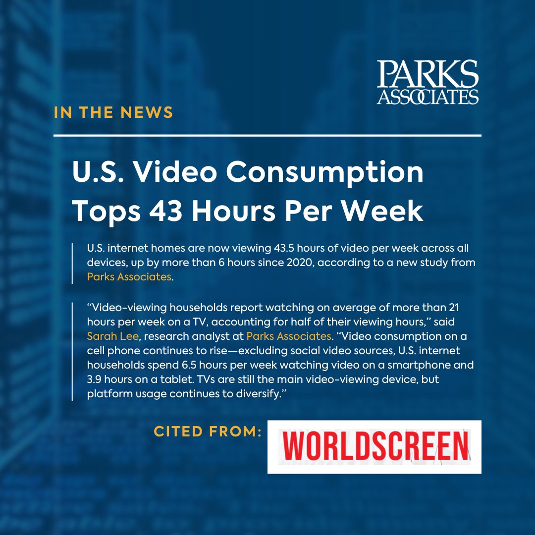 📢 We were cited in a @worldscreen article about U.S. video consumption soaring to over 43 hours per week by @manshadas!📺🚀🎬 🔗Read more: tinyurl.com/4sp5tdju #parksdata #ParksAssociates #ParksAssociatesInsights #VideoConsumption #EntertainmentTrends #MediaInsights
